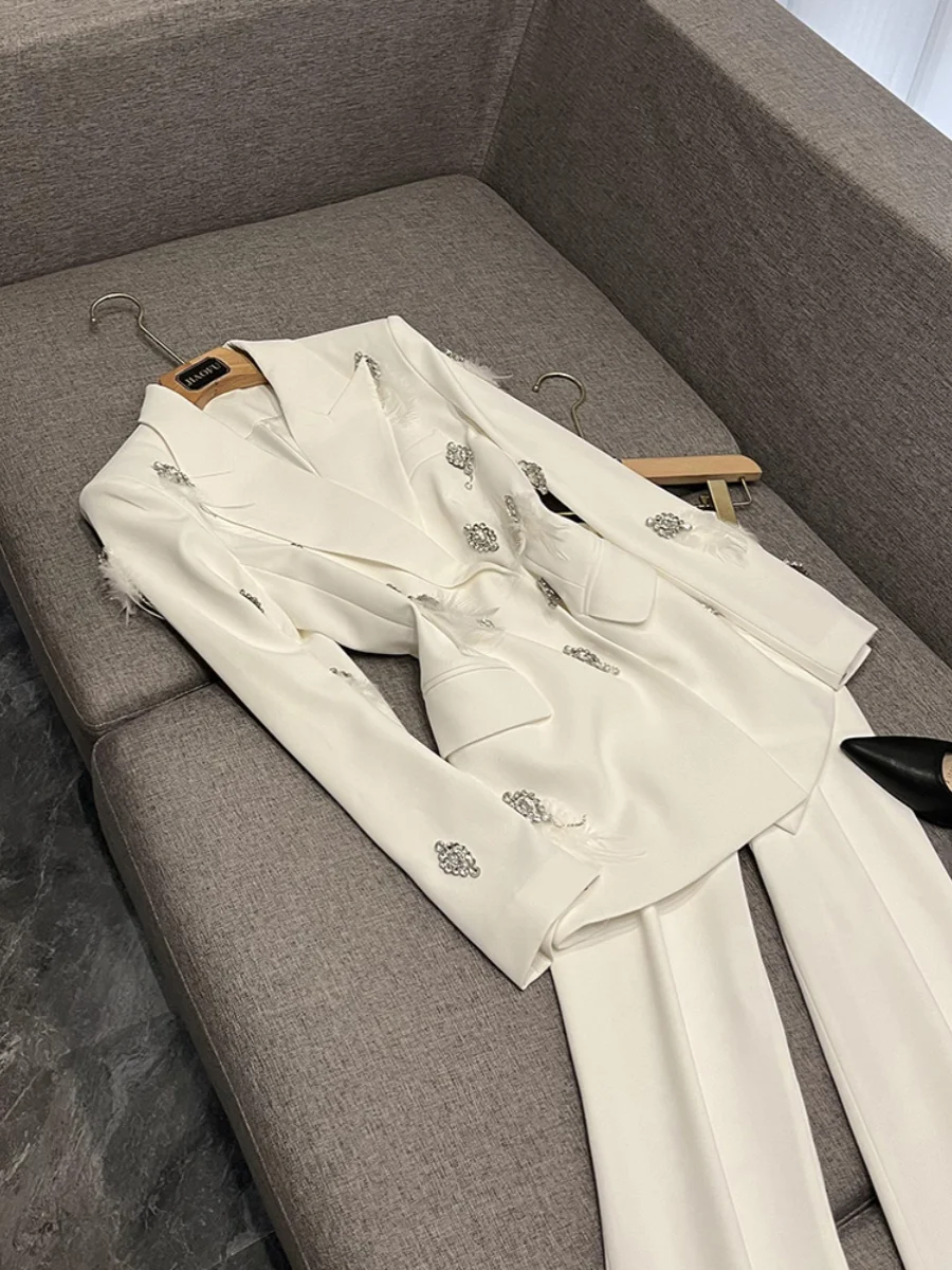 

Ele Ladylike Suit Set Women's Rhinestone Feather Micro Flared Pants Two Piece Set High End Faion for Ages 25-35