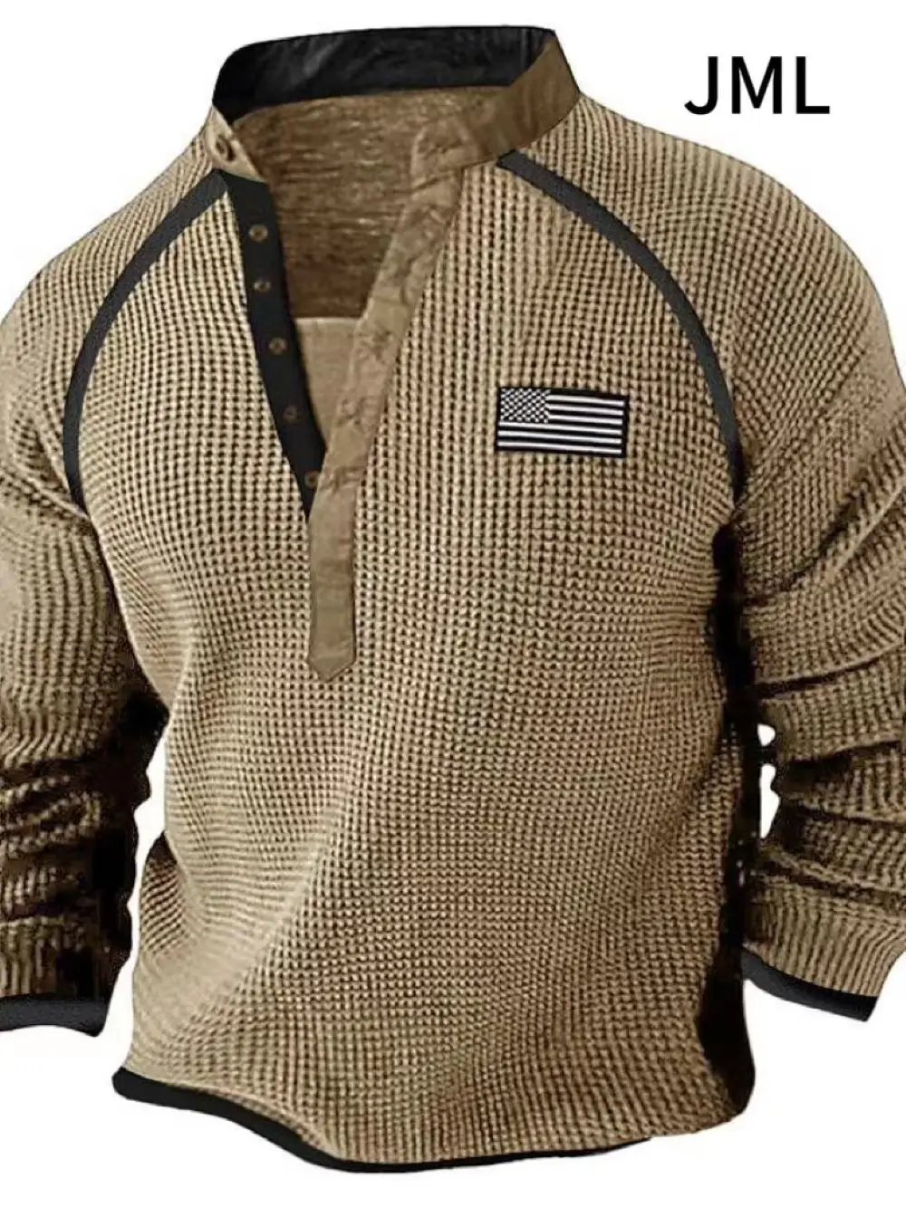 

Men's Waffle Henley Neck Long sleeved T-shirt European Spring Comfortable Cotton Casual Fashion Sports Top Flag Decoration