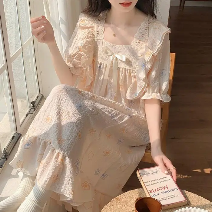 Modische Süße Damen-Nachthemden mit Puffärmeln für den Sommer, Niedliche Cartoon-Mädchen-Schlafshirts mit Quadratischem Kragen und Spitze, Damen-Pyjamas mit Schleifen und Bändern