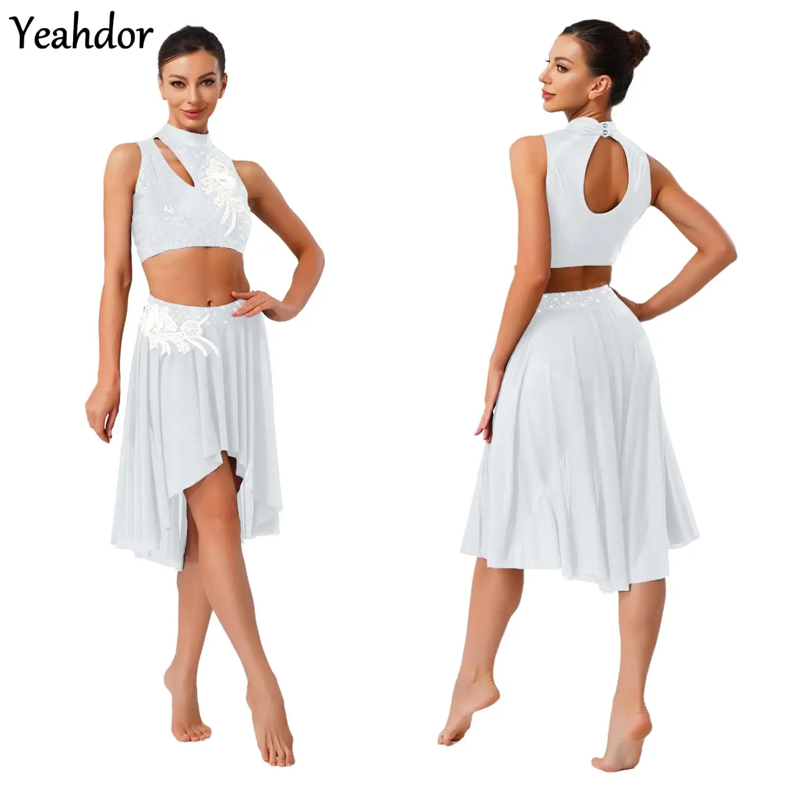 

Women Modern Lyrical Dance Outfit Sleeveless Crop Top Irregular Mesh Skirt Embroidery Gymnastics Ballet Skating Dance Costumes