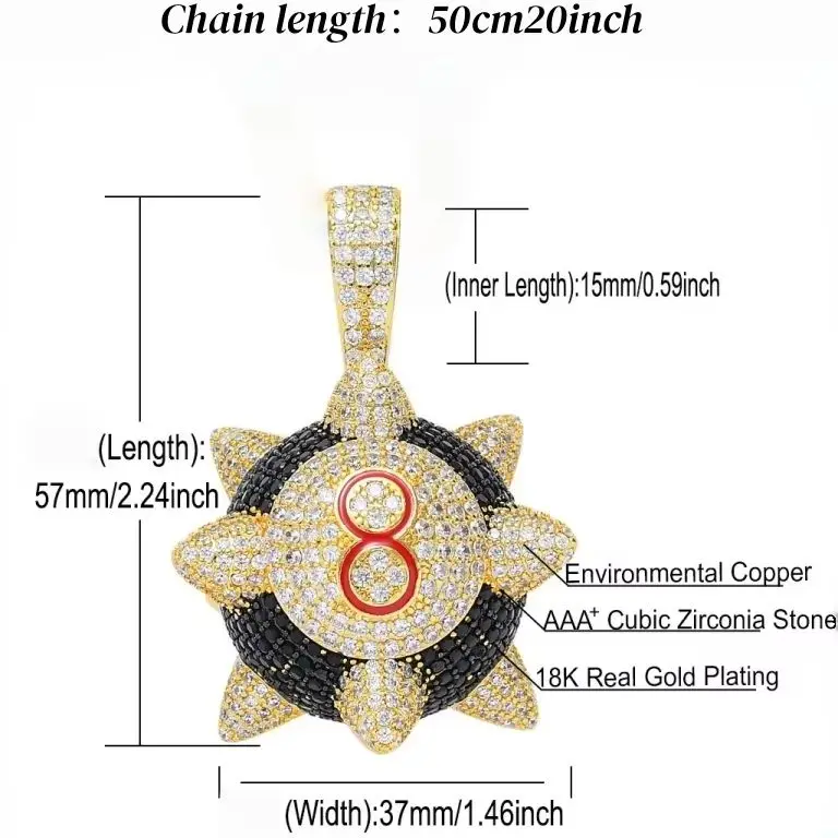 Exaggeration Personality Big Billiard Round Pendant Necklace Full Of Rhinestone AAA Cubic Zircon Mens Women Hip Hop Rock Jewelry