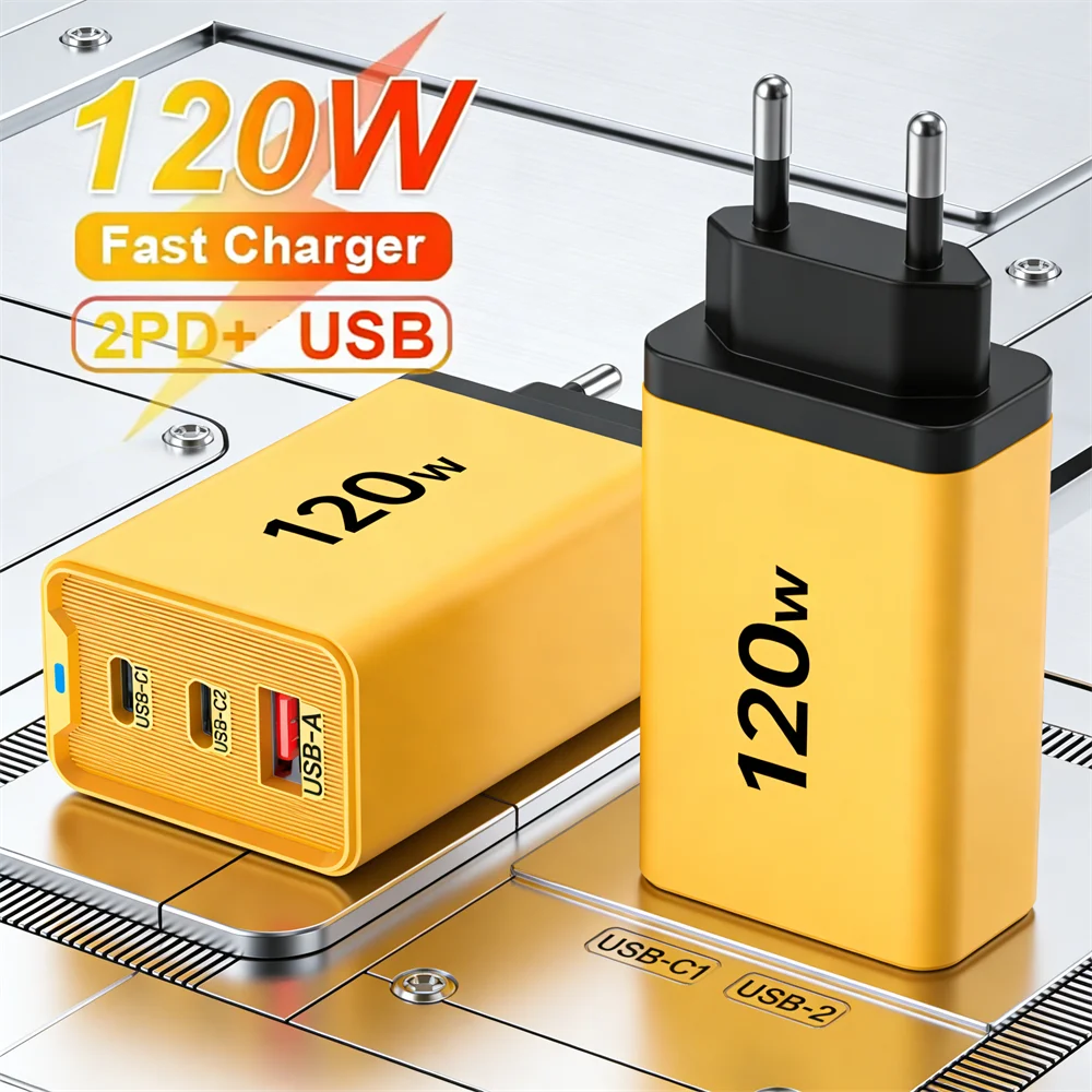 3 Ports 120W Charger USB C PD Quick Charge 3.0 Type C USB Phone Chargers Fast Charging Adapter For iPhone Samsung Xiaomi Huawei