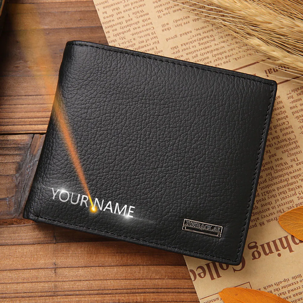 

New Name Engraved Short Men Wallets Genuine Leather Card Holder Zipper Coin Pocket Mens Wallet Photo Holder Brand Slim Men Purse