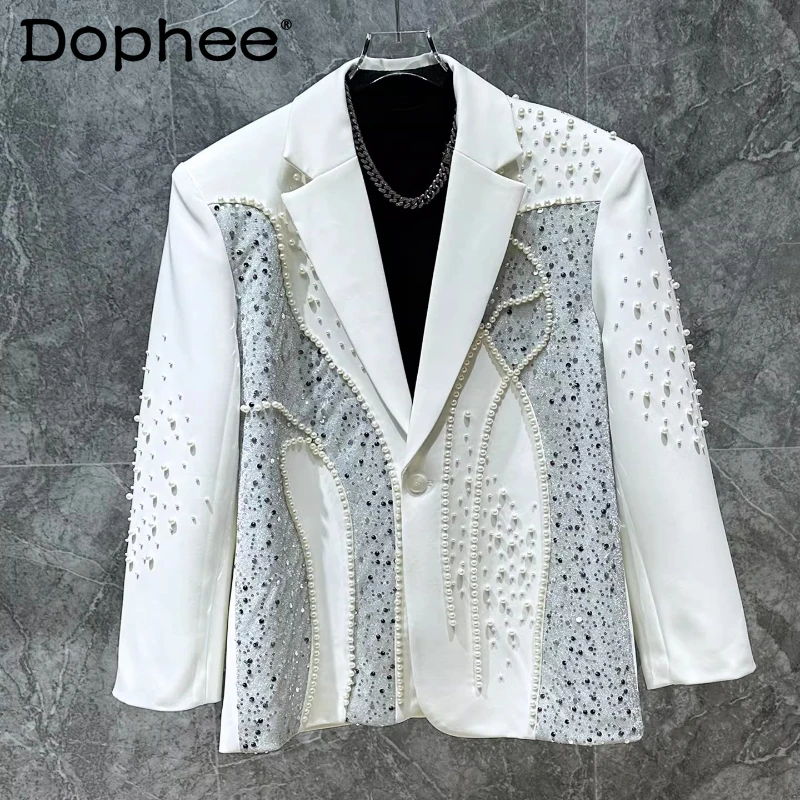 

2026 Men's Spring Autumn New Light Luxury Suit Jackets High-End Stage Wear Design Jackets Pearl Sequin Splicing Men's Blazers