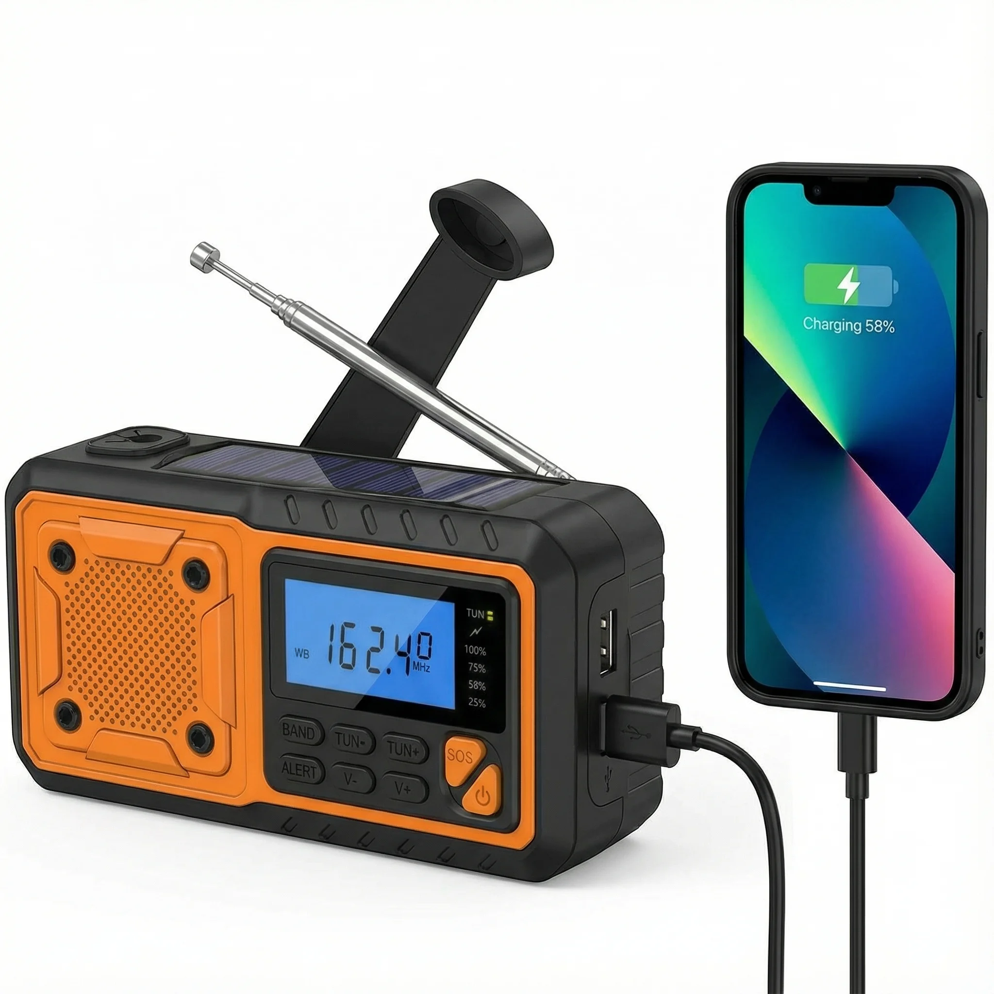 Przenośne radio awaryjne z powerbankiem 10,000 mAh/20,000 mAh, ładowaniem solarnym i korbką ręczną, FM/AM/WB, latarką i kompasem do biwakowania na zewnątrz. — Zdjęcie 2 z 2