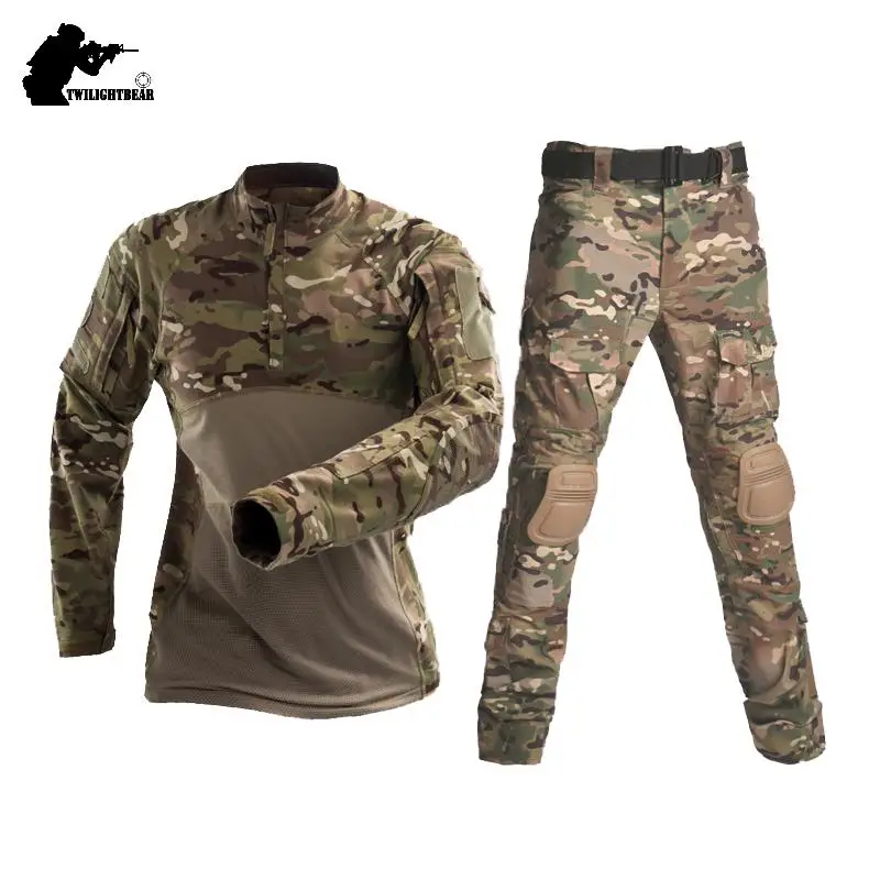 Airsoft Camouflage Taktische Anzüge Langarm Militär Uniform Mehrere Taschen Flog Kampf Kleidung Set Mit Knie Pads A2F218