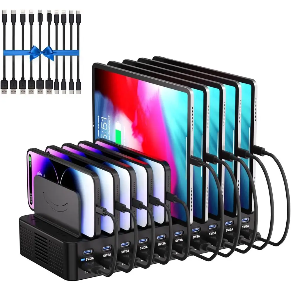 20-Port USB Charging Station with Adjustable Dividers for Multiple Devices, Compatible with iPhones, iPads, Tablets, and More (B