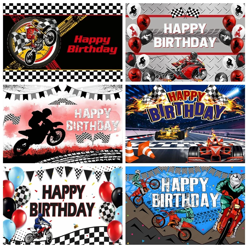Offroad Racing Motocross Dirt Bike Helmet Trophy Checkered Flag Birthday Backdrop Photo Booth Cake Table Party Decor Rider Track