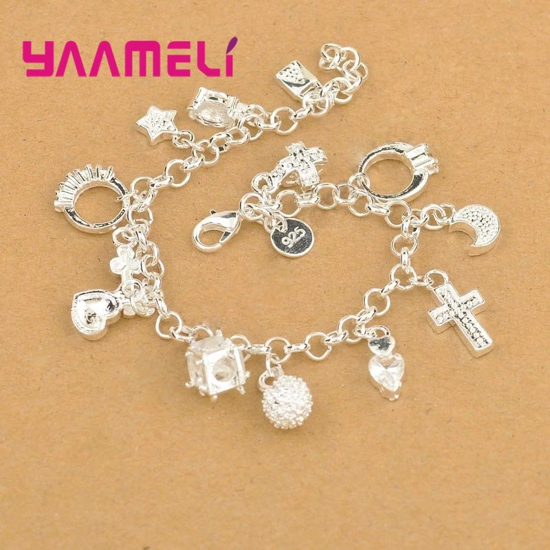 Exquisite Top Quality 925 Sterling Silver Bracelet Nice Cross Moon Heart Clock Ball Cube Star Charms Jewelry for Women