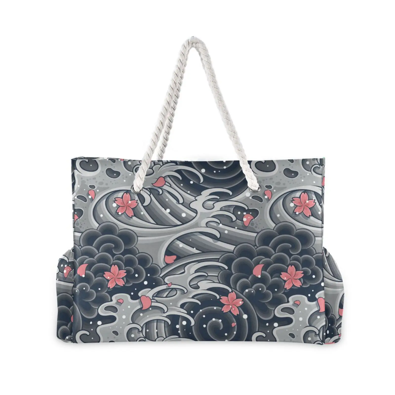 2023 New Ladies Beach Handbag Japanese wave Pattern Large Capacity Black Shoulder Shopping Bag Bohemia Female Casual Totes