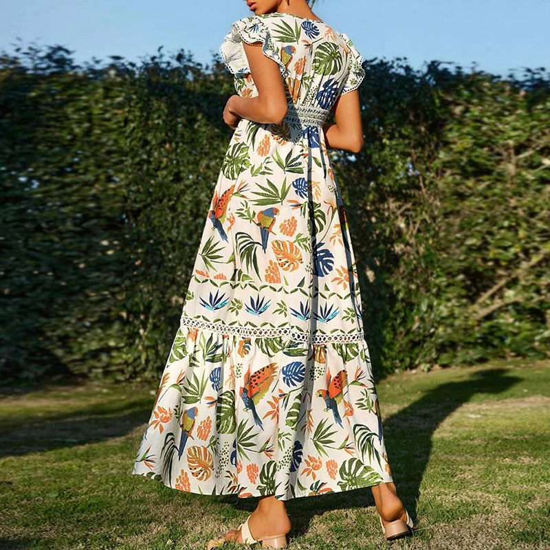 Abito estivo da donna Elegante stampa floreale Orlo ampio Abito lungo Primavera Scollo a V Manica a farfalla Abito da vacanza bohémien Vestido Mujer