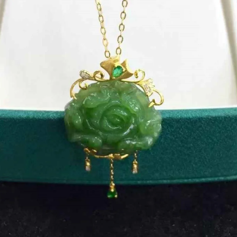 SGARIT Authentic Jadeite 23*25mm Peony 18K Gold Pendant Hetian Jade Green Color Oily Fine Texture Detailed Carving Plump Shape