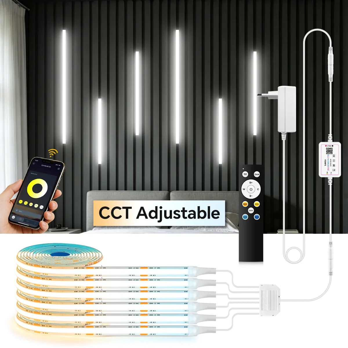 2/4/6Piece CCT LED Light Strip Kit with BT Controller And IR Remoter,COB Tape Light 3500K-6000K Adjustable Brightness,EU/US/UK