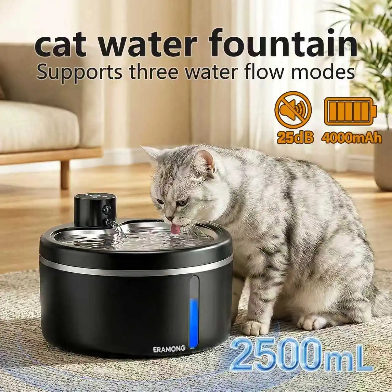 2,5L Kabelloser Edelstahl-Trinkbrunnen für Katzen, Wiederaufladbarer Batteriebetriebener Haustier-Trinkbrunnen mit Bewegungssensor & 2 Filtern