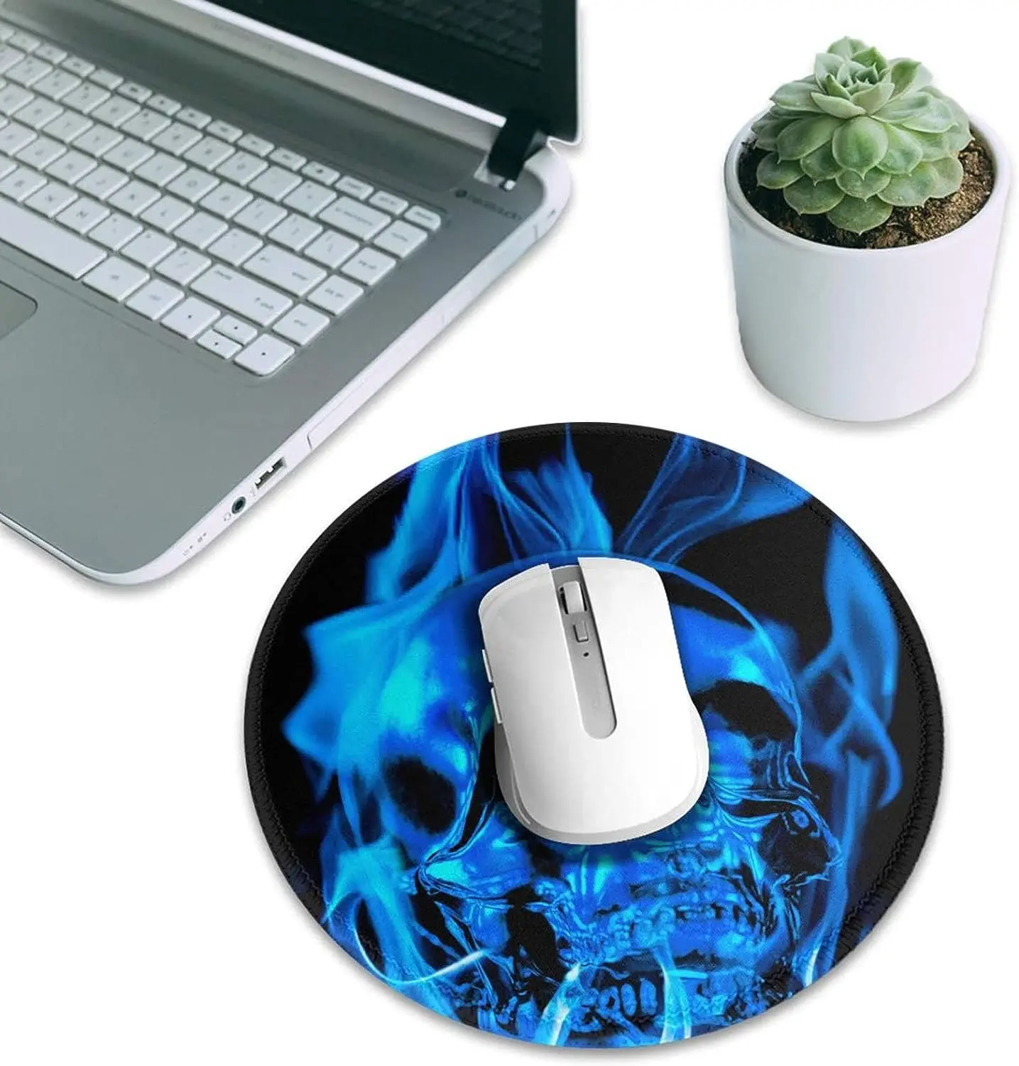 Skull Blue Flame Mouse Mat with Stitched Edge Waterproof Non-Slip Rubber Base for Laptop Computer Office Desk 7.9 x 7.9 inch