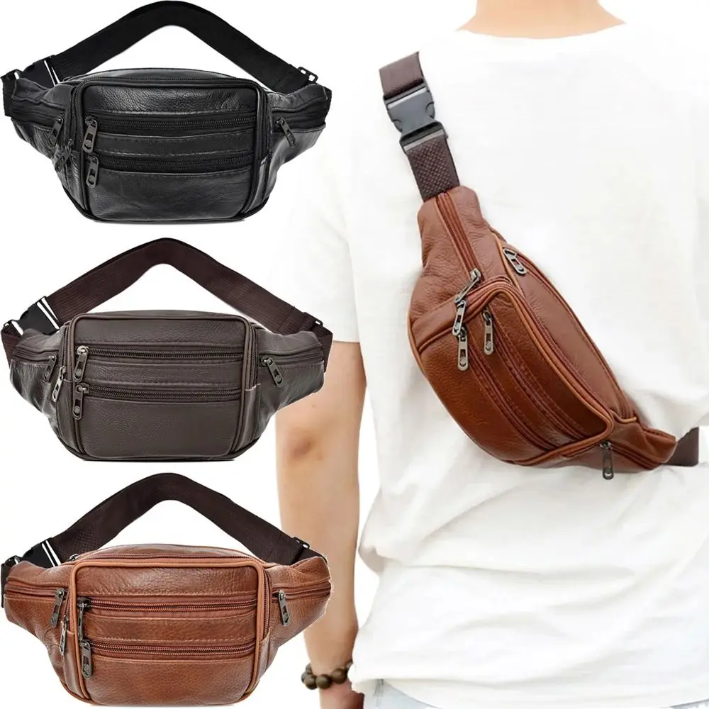 Solid Color Men's Waist Bag Multi-layered Adjustable Genuine Leather Chest Pouch Wear-resistant Large Capacity Hip Belt Bag