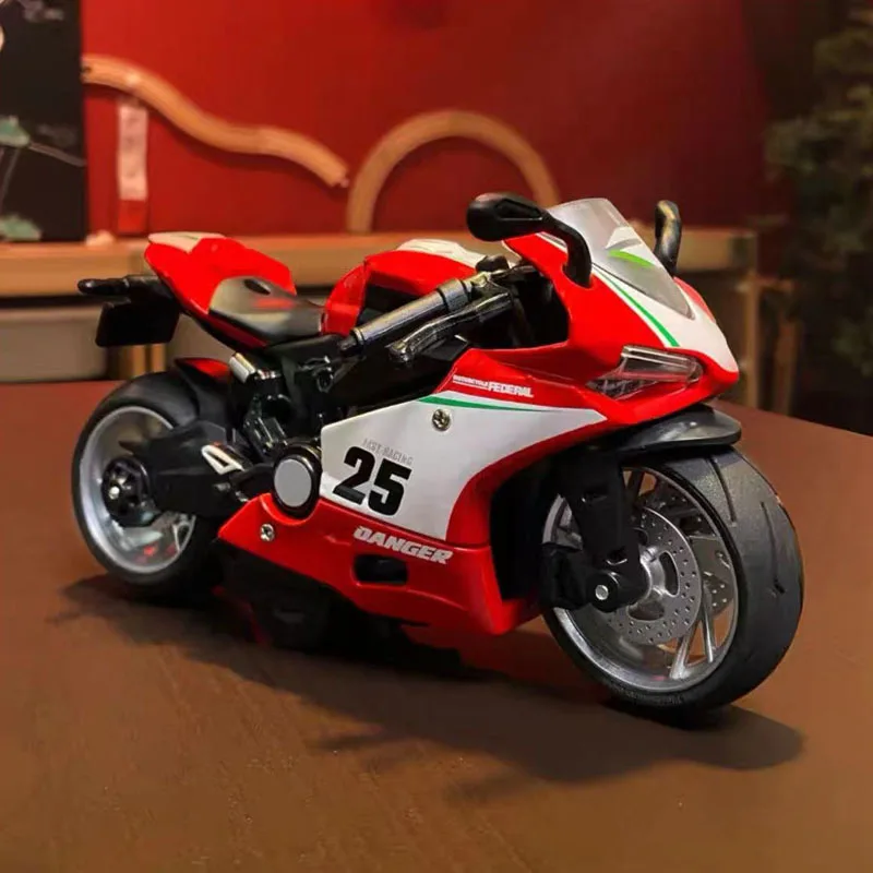 1:12 Alloy Motorcycle Model Pull Back Racing Bike with Light Sound Steering Collectible Desktop Decoration