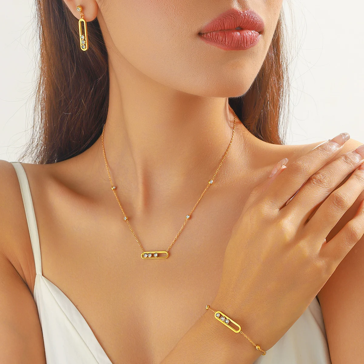 

LAMENGLY316L Stainless Strip Movable White Crystal Inlay Cylinder Necklace Earring Bracelet Set Women Creative Trend Jewelry Set