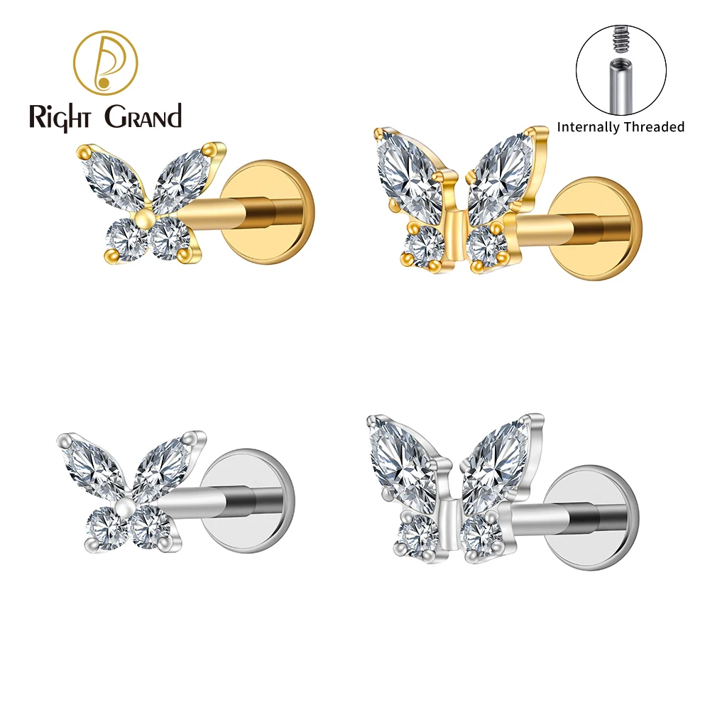 Right Grand ASTM F136 Titanium 16G Mini Butterfly CZ Labret Tragus Cartilage Conch Forward Helix Stud Nose Piercing Body Jewelry