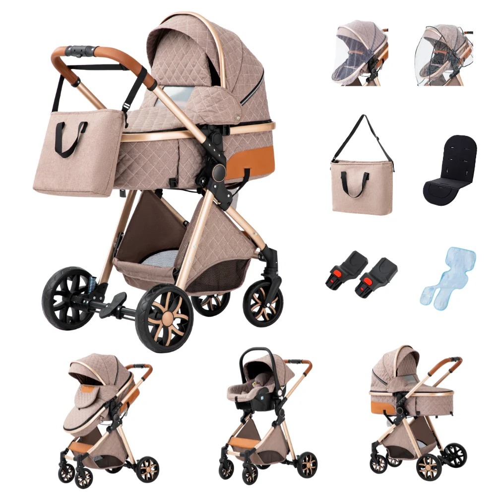 3-in-1 Babywandelwagen, vierwielige kinderwagen, hoge ligging met muskietennet, opvouwbaar, schokbestendig, vierwielige kinderwagen