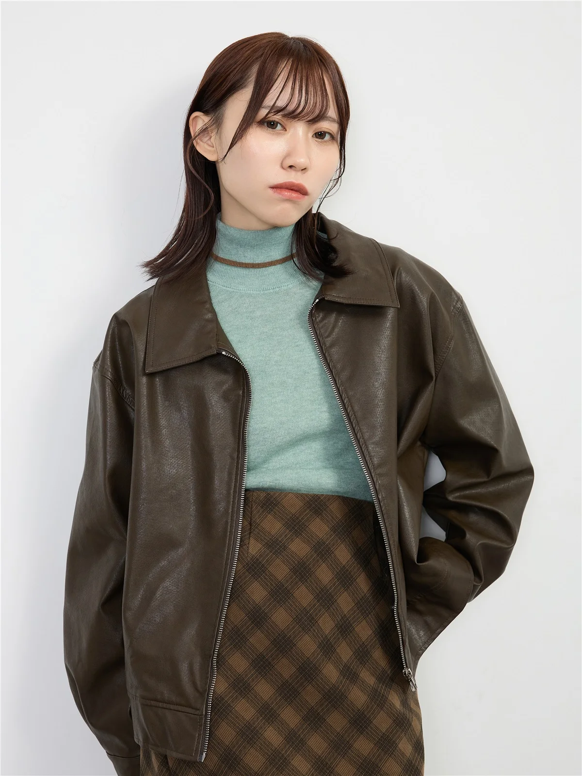 American Sle Retro Brown PU Leather Jaet Women's Spring Autumn Loose Casual Motorcycle ort Top Hong Kong Sle Zipper