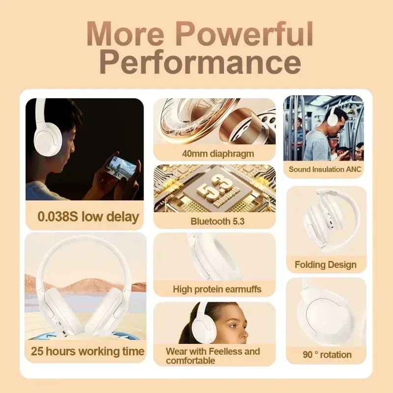 سماعة رأس بلوتوث جديدة 120 ساعة الاستعداد ANC إلغاء الضوضاء مرحبا فاي الصوت شحن سريع مساعد صوت BT 5.3 سماعة رأس رياضية