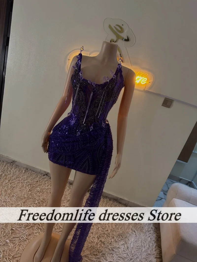 Donkerpaarse cocktailjurken Verjaardagsjurk met grondstaart Luxe mini-galajurk met kristallen kralen en kwastjes voor dames op maat