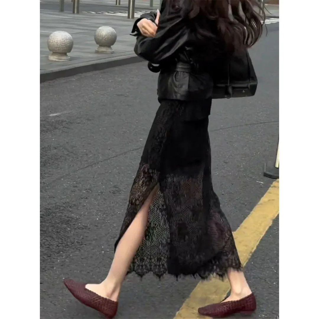 Ruffle Lace Paneling  Skirt Women's Design Sense Open Split Bodycon Long Skirt Standard Fit Summer 2026 Polyester Fiber
