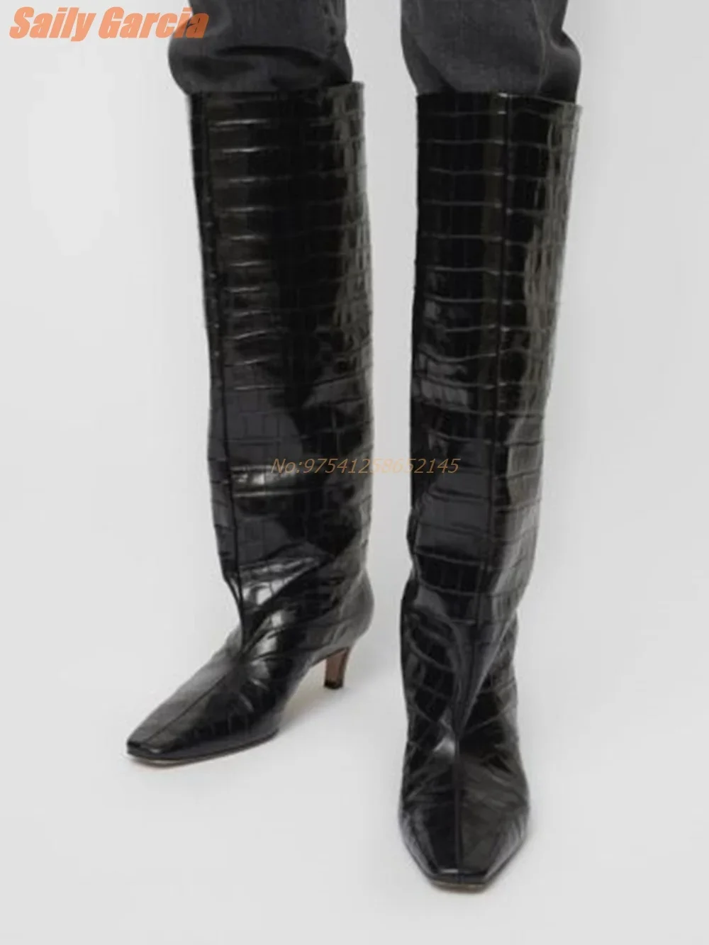 Crocodile Print Solid Boots Low Heel Long Small Square Toe Knee-High Women\\\'s Boots Black Daily Genuine Leather Fashion New