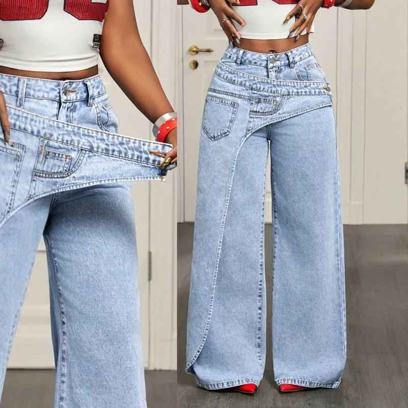 Women Wide Leg Jeans Irregular Unique Cross‑Over Waistband Denim Pants Fashion Streetwear Casual Loose Long Trousers For Ladies