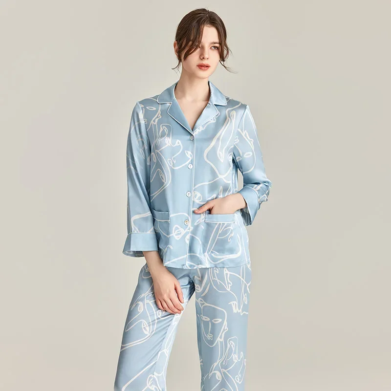 

22 мм 100% тутовый шелк, одежда с длинными рукавами, одежда для сна, пижамы с принтом, женский комплект домашней одежды, пижамный комплект на пуговицах, домашняя одежда PJS