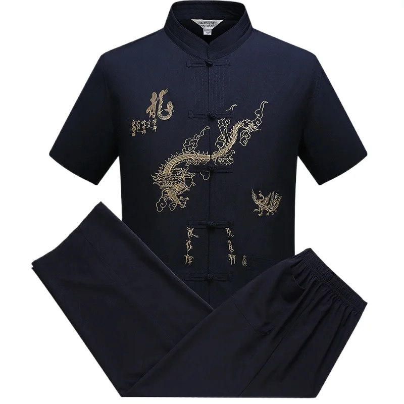 Tang Suit (Top + Pants) Thin Embroidery Middle-aged and Elderly Men Father Loose Chinese Style Hanfu Morning Exercise Suit