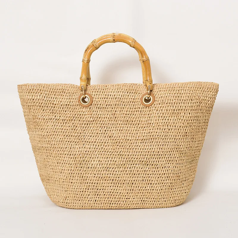 Casual Raffia Large Capacity Tote Bag Vintage Bamboo Handle Straw Women Handbags Handmade Woven Summer Beach Bag Big Bali Purses