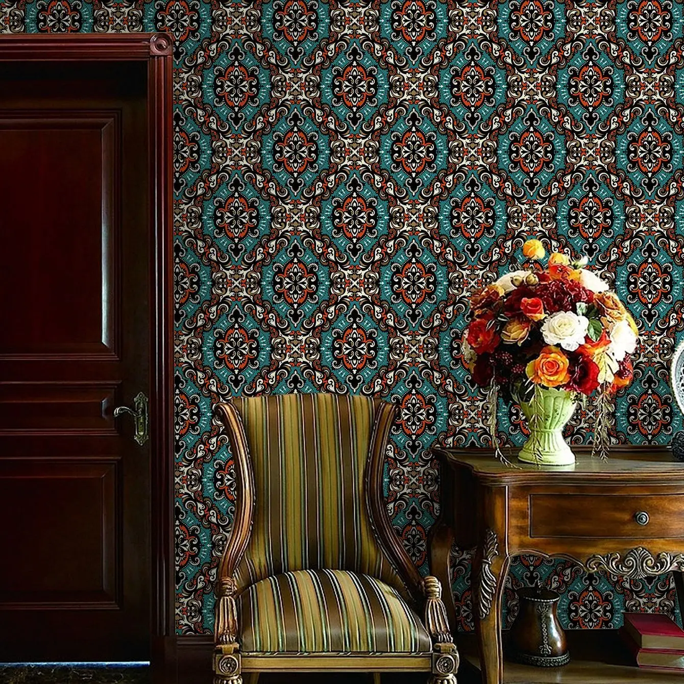 Classic European Damask Wallpaper Peel and Stick Removable Waterproof Vinyl Contact Paper for Antique Style Home Renovation