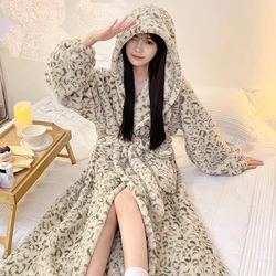 2024 Winter Sexy Leopard Long Sleeve Hooded Thick Warm Flannel Kimono Robes for Women Bathrobe Sleepwear Nightdress Night Dress