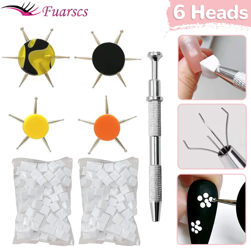 6 Head Nail Point Brick Pen Stainless Steel Round Nail Art Dotting Plate Pens DIY Creative Nail Art Dotting Sponge Gripper Tool