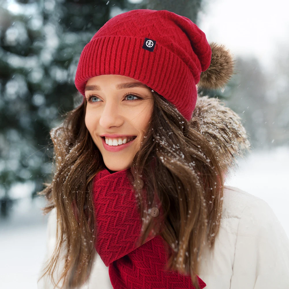 Gorro de malha com lenço longo pompom para homens e mulheres, chapéu quente, luvas touch screen, tampas de caveira, lenços no pescoço, inverno