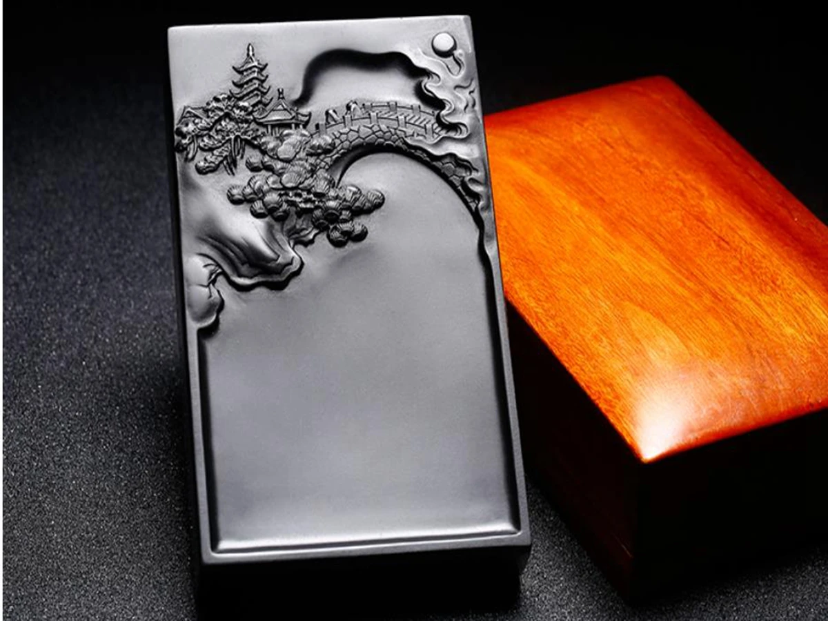 She Ink Stone Rectangle Hand Carved Inkstone Calligraphy Painting Brush Tool Wooden Box Packaging