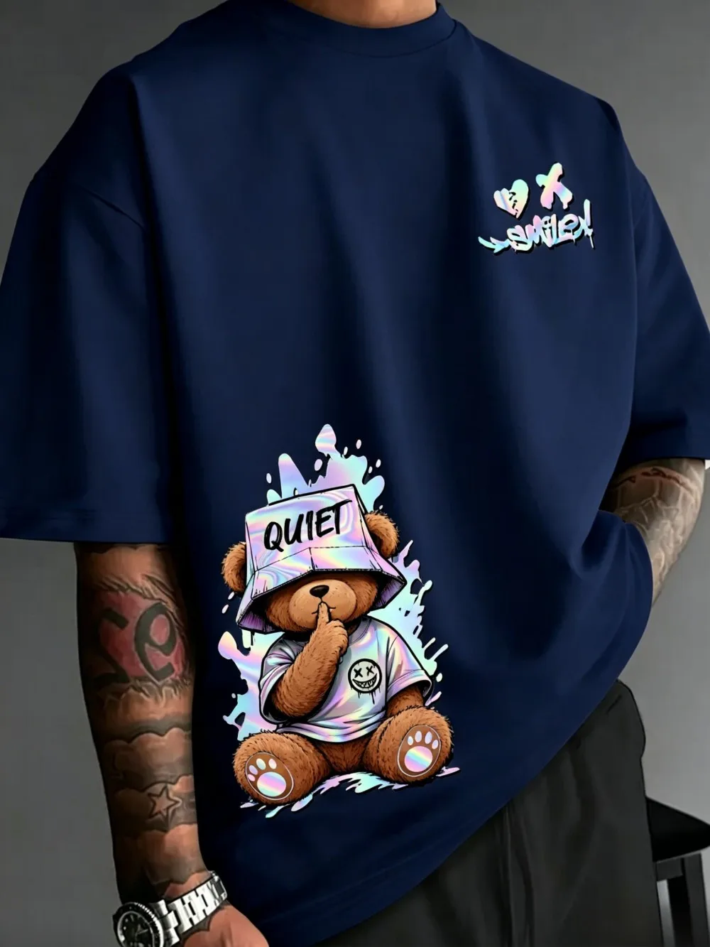 Camiseta americana de verano para hombre, moderna, con estampado de oso de peluche en degradado, cómoda y transpirable, con cuello redondo, para uso en exteriores y estilo urbano.