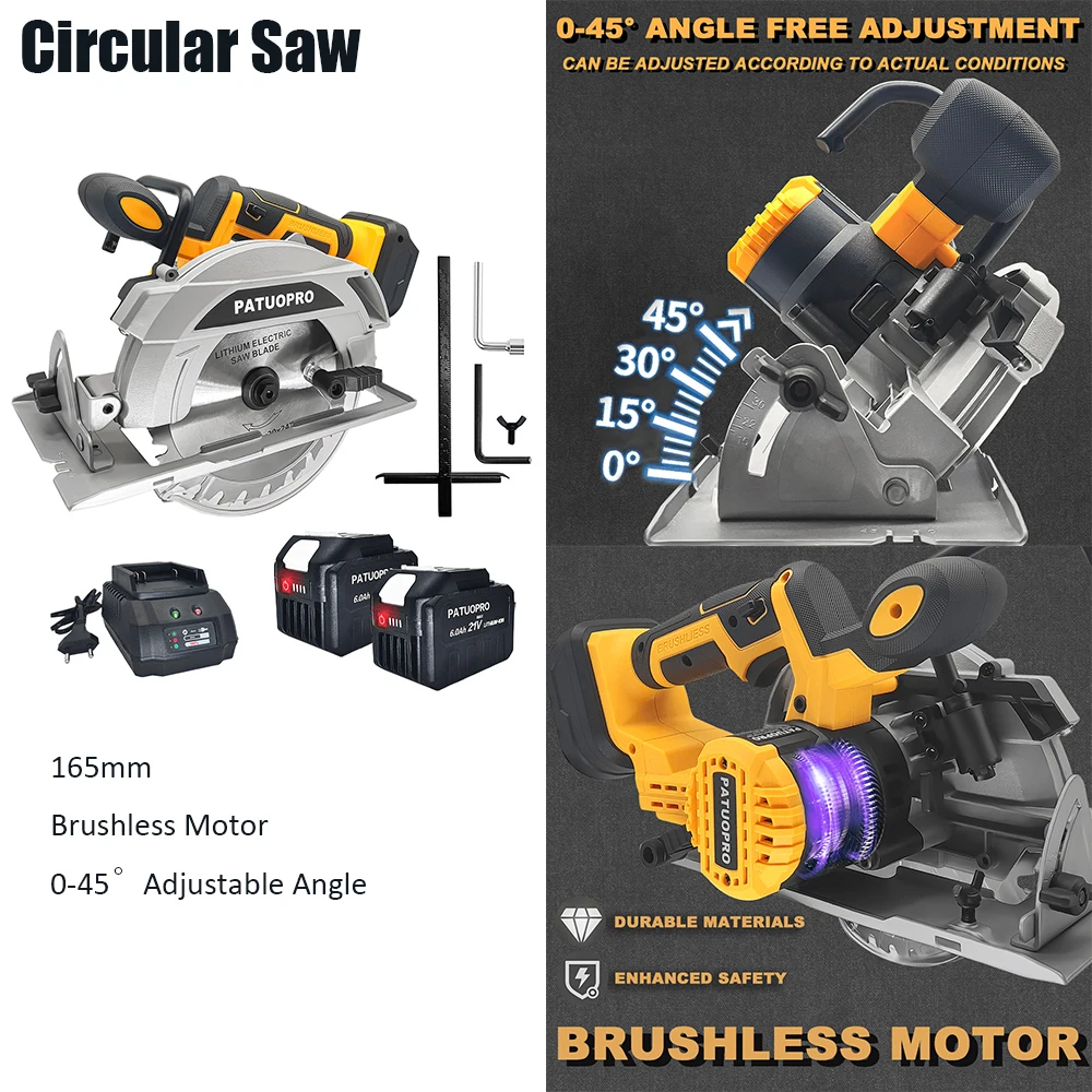 PATUOPRO Cordless Brushless Circular Saw Electric Wood Stone PVC Cutter 0-45° Adjustable Woodworking Saw For Makita 18v Battery