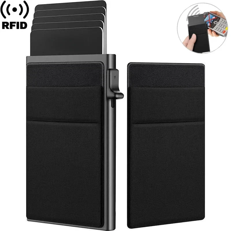 RFID Blocking Aluminum Card Holder, Automatic Pop-up Credit Card Wallet with Elastic Pocket