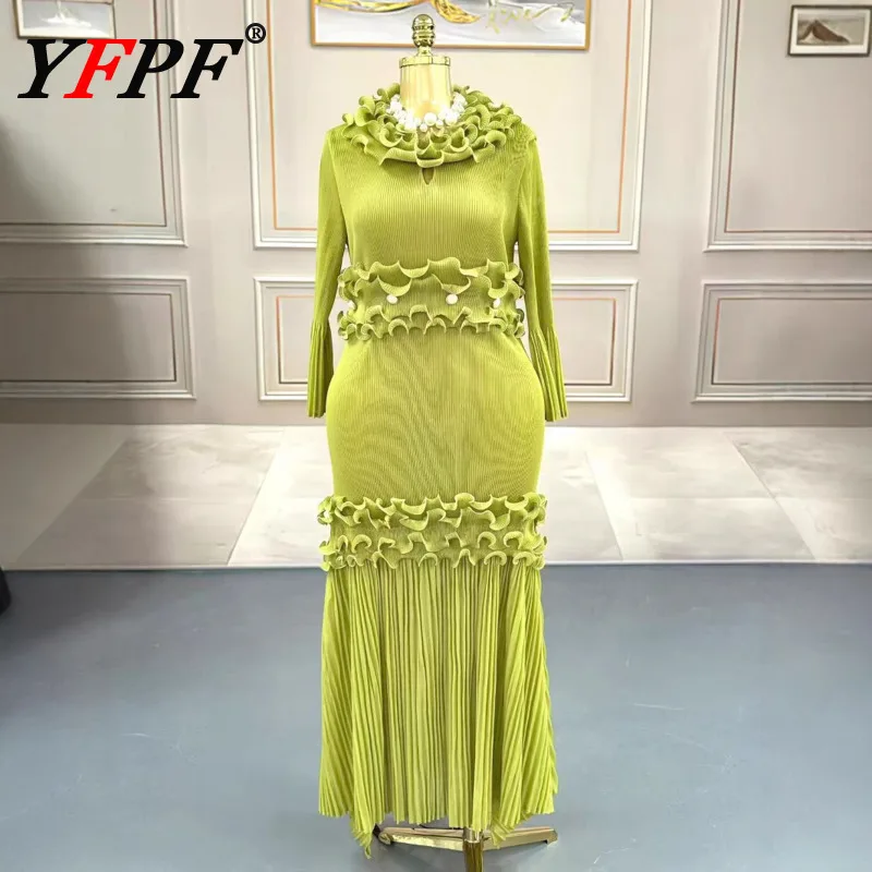 

YFPF Miyake Pleated Long Dress Women Fashion Ruffles Patchwork Design High Waist Party Clothing Elegant 2025 New Dresses