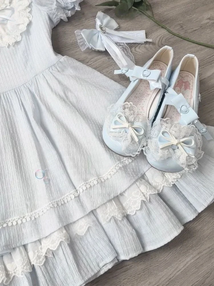 일본 로리타 레이스 패치워크 스위트 드레스 여성 카와이 소녀 러플 로브 여름 귀여운 베스티도스 Y2k 에스테틱 플리츠 드레스