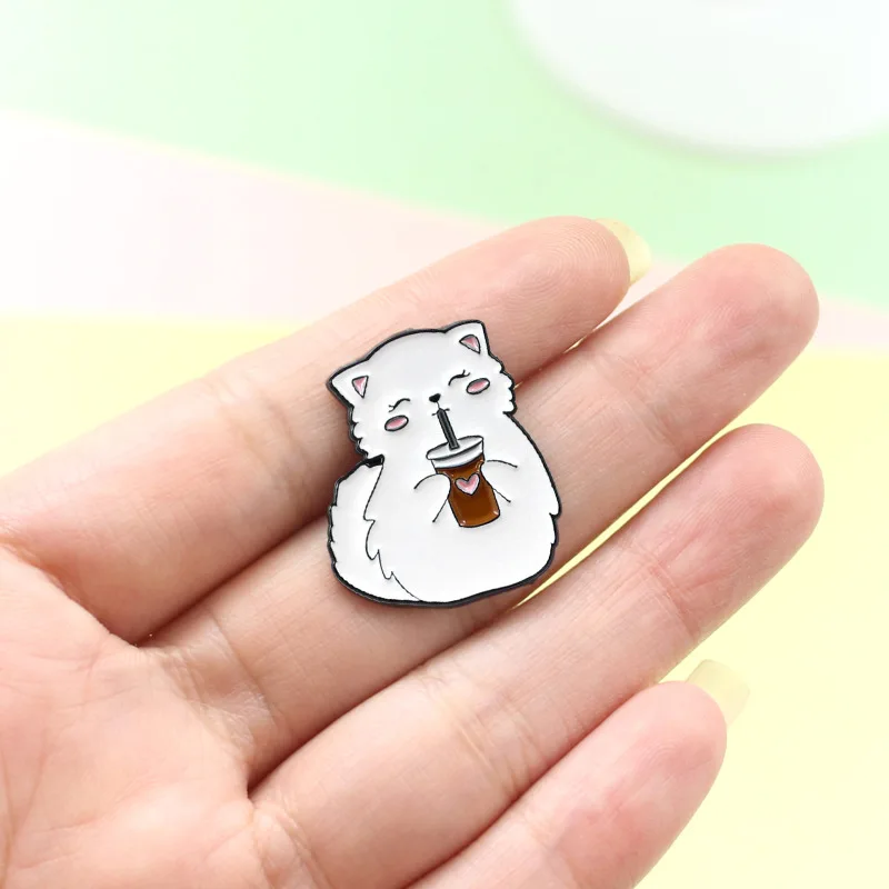 Naughty Cat Enamel Pins Happy Drink Animal Badge Clothes Lapel Pin Cartoon Brooches Jewelry Gifts for Children Friends Wholesale