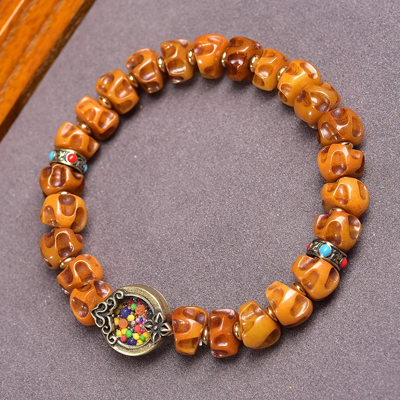 Yak Carved Large Intestine Passion Fruit Seed Bracelet Tibetan Old Spirit Bone Beaded Jewelry Single Circle Beads