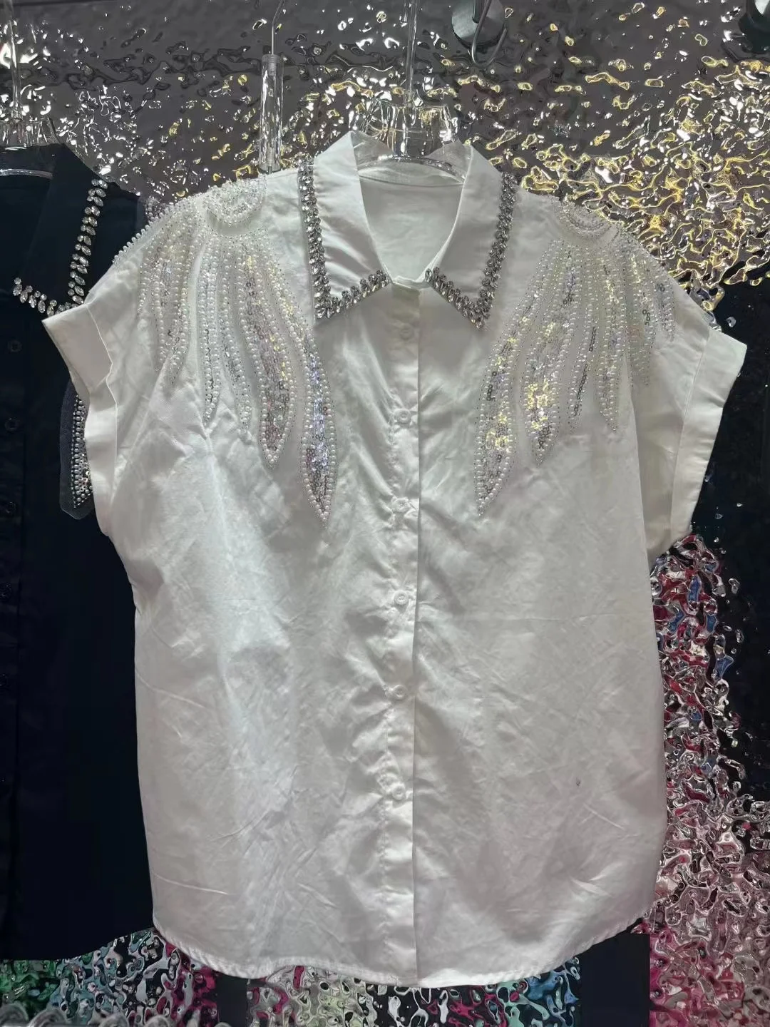 Luxury Sparking Rhinestone Beading Cotton Shirts Women\'s Summer 2024 Loose Blouses Shirts New In Short Sleeve White Top Blusas