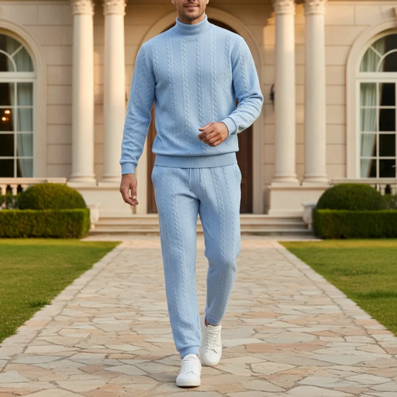 Men's Cable Knit 2 Piece Outfit Casual Turtleneck Sweater And Drawstring Pants Set For Daily Wear