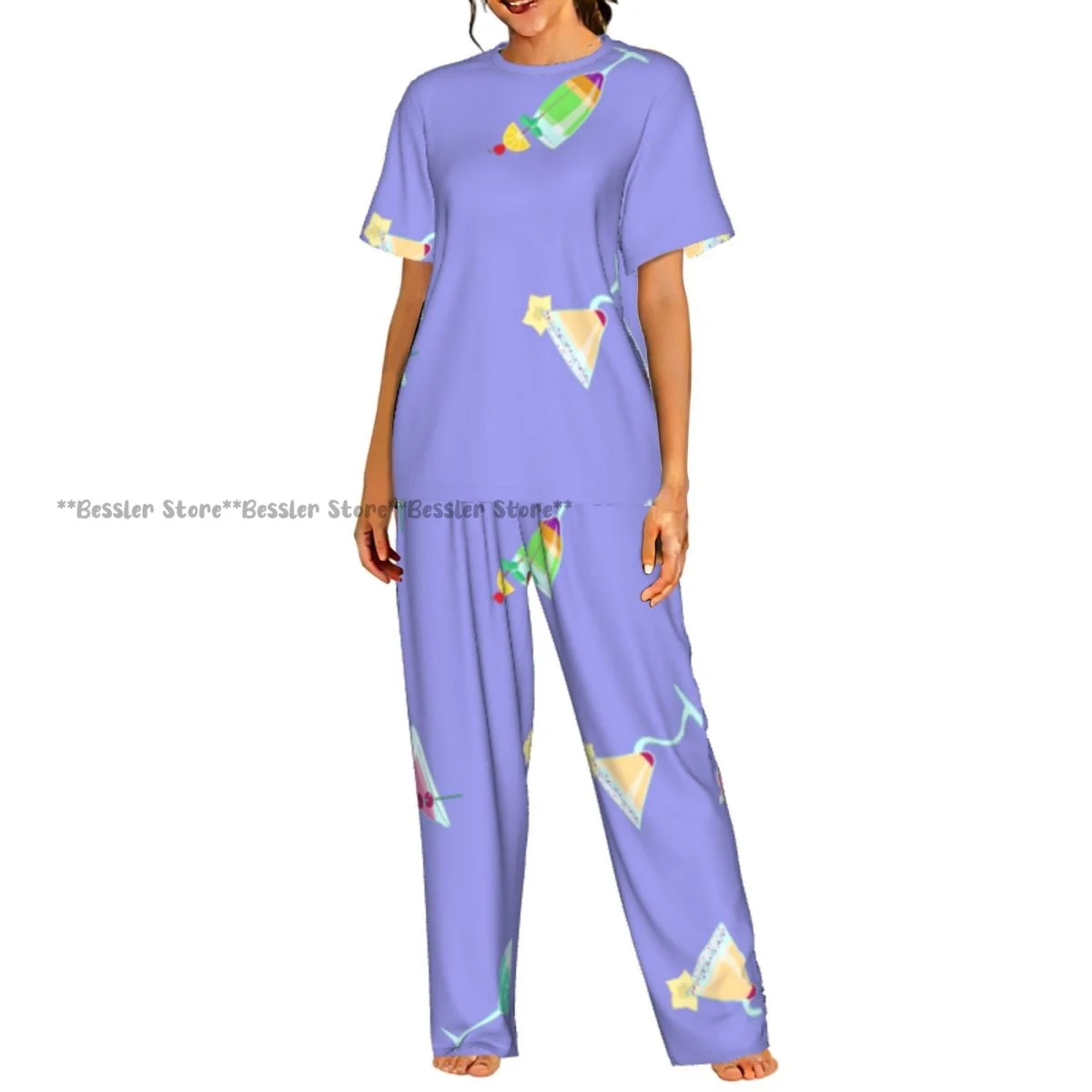 Women's Cocktail Drinks Pattern short sleeve trousers casual pajamas set