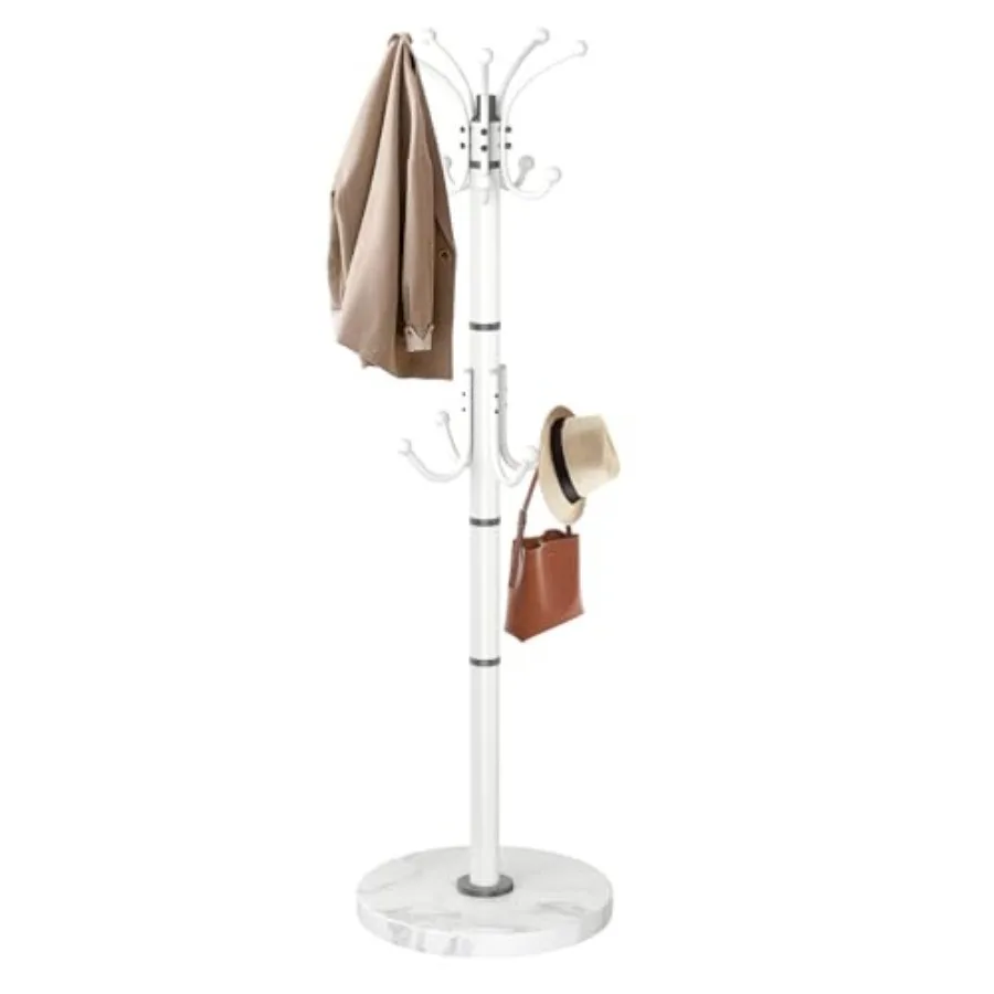 

Metal Coat Rack with Natural Marble Base, 360°Rotary Coat Rack Stand with 14 Hooks, Modern Freestanging Coat Racks, White Coat