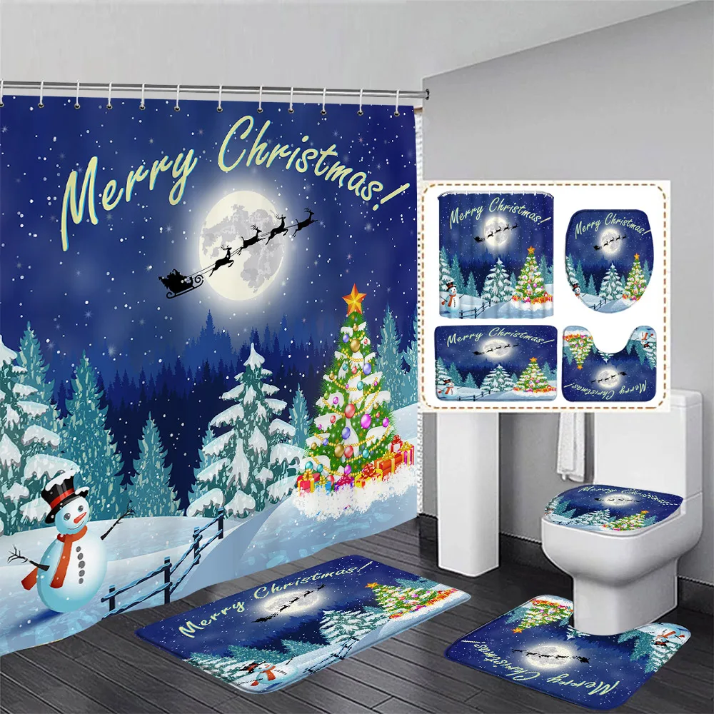 Cute Snowman Christmas Shower Curtain Set Winter Wooden Fence Red Bird Snowy Scenery Xmas Bathroom Decor Bath Mats Toilet Cover